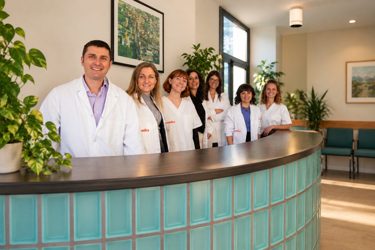 Il team di P.medica al bancone della reception